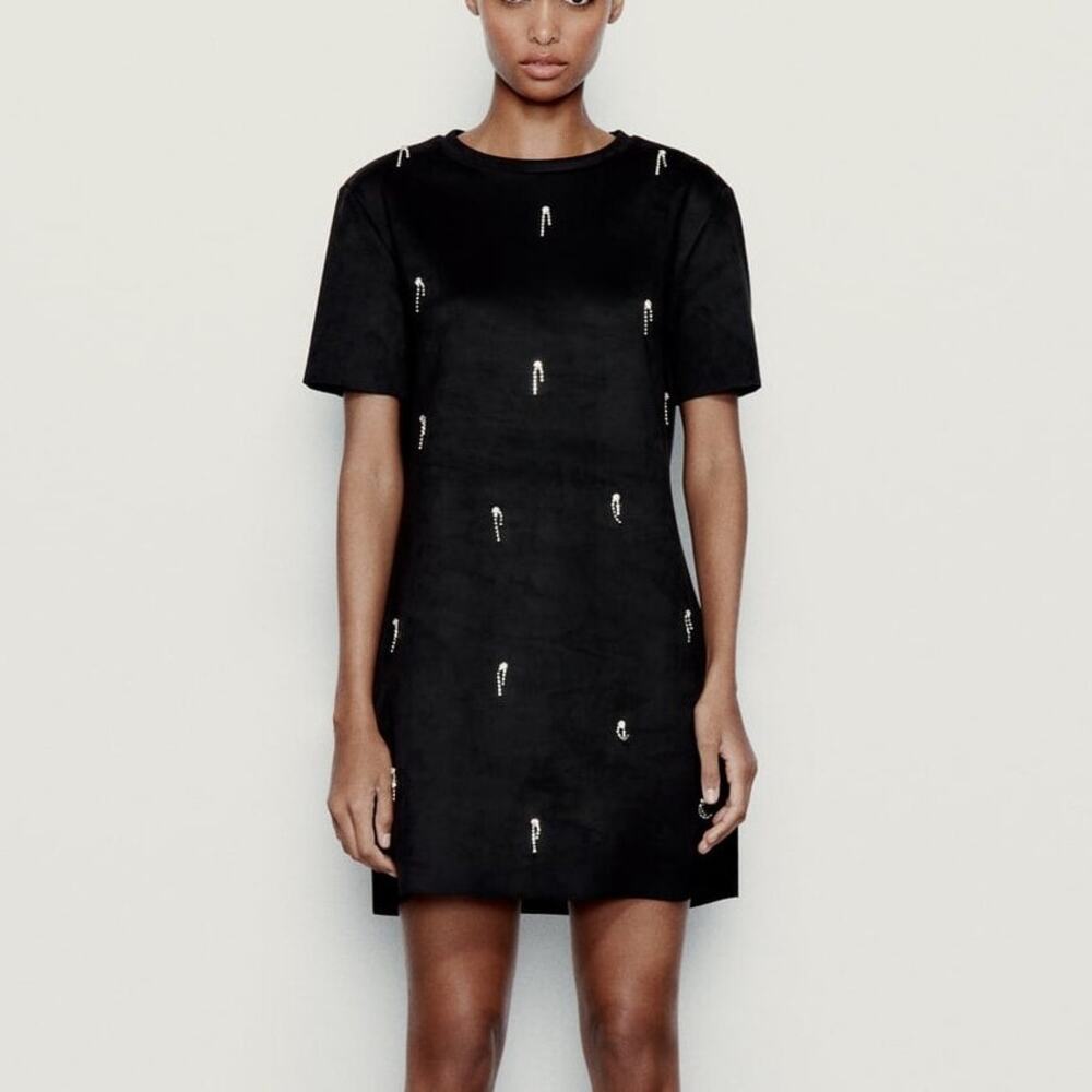 Zara Dress Womens S Black Faux Suede Rhinestones Short Sleeve Mini